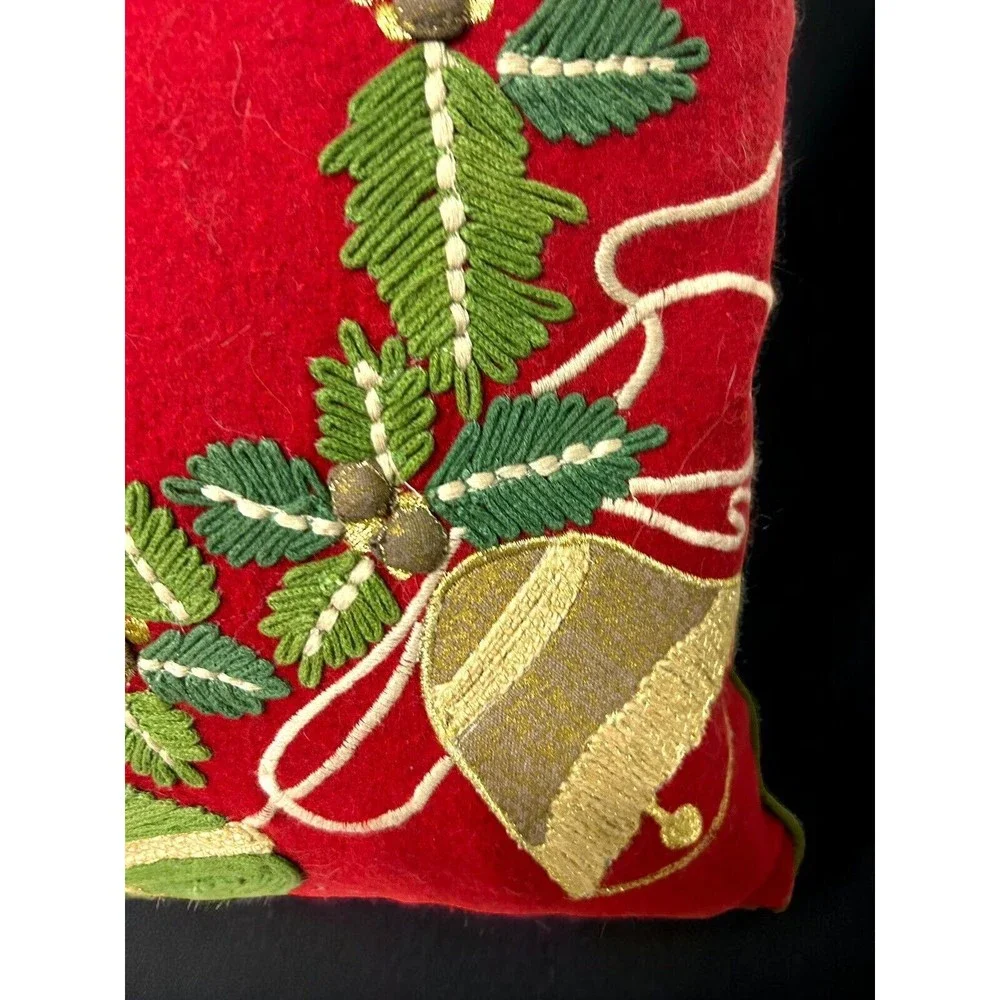 Christmas Holiday Felted Wreath Bells Pillow Removable Down Filled Insert Cover